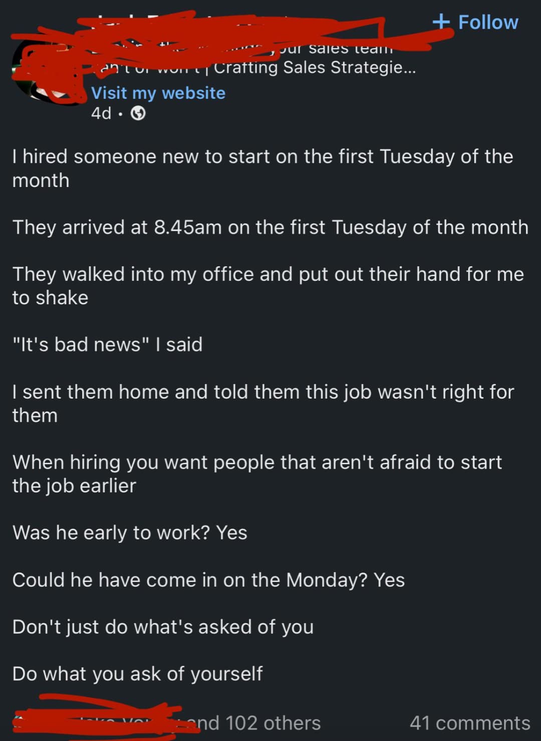 screenshot - Our sales team an't or won e| Crafting Sales Strategie... Visit my website 4d. I hired someone new to start on the first Tuesday of the month They arrived at 8.45am on the first Tuesday of the month They walked into my office and put out thei